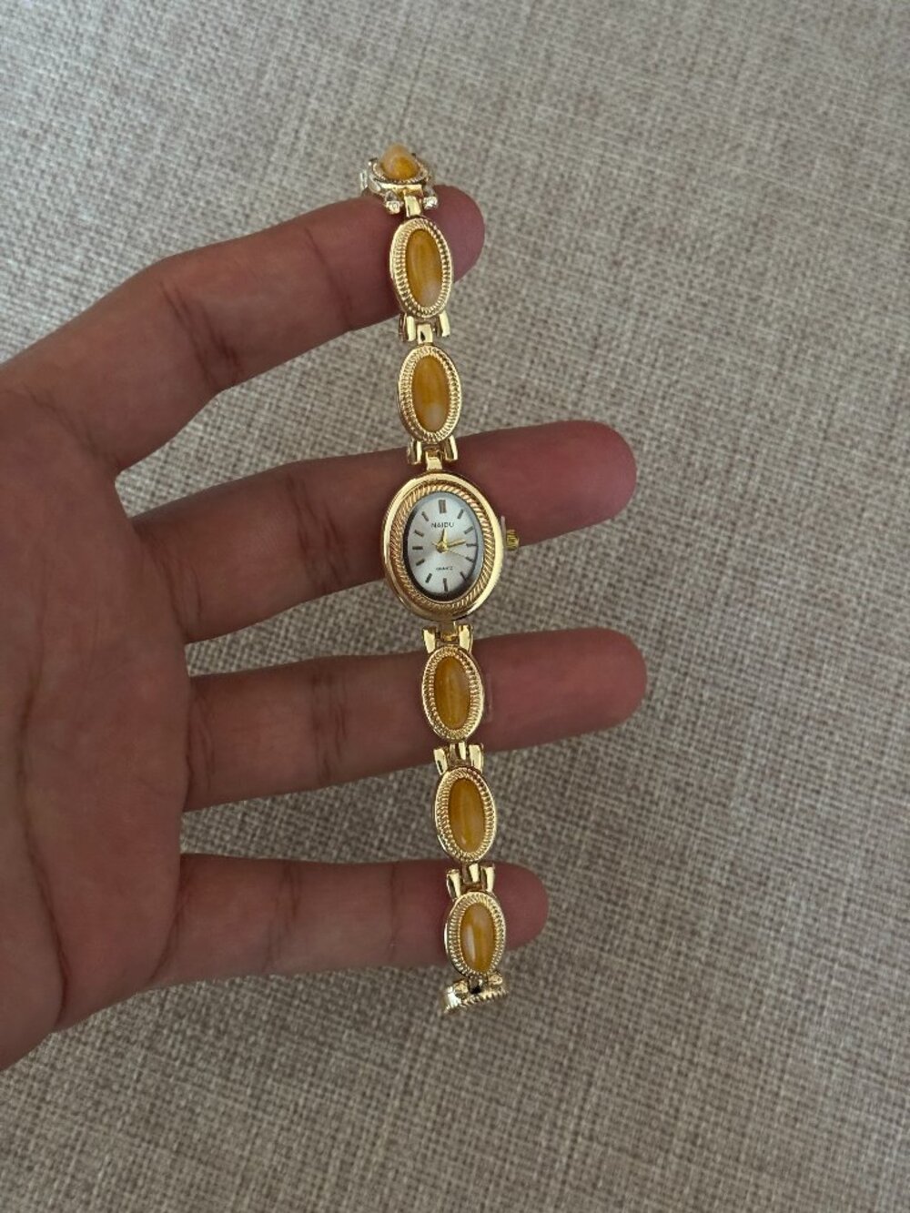 Gold Oval Watch Amber Stone Link Band
